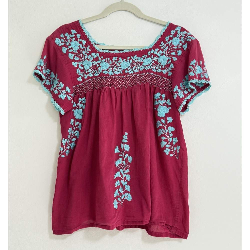 CJ Laing Womens Medium SS Floral Embroidered Crochet Shirt Blue Red Boho